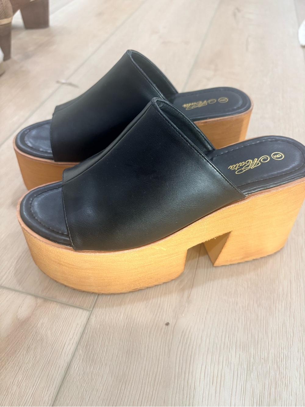Black Slide Mule with Chunky Wood-Effect Platform